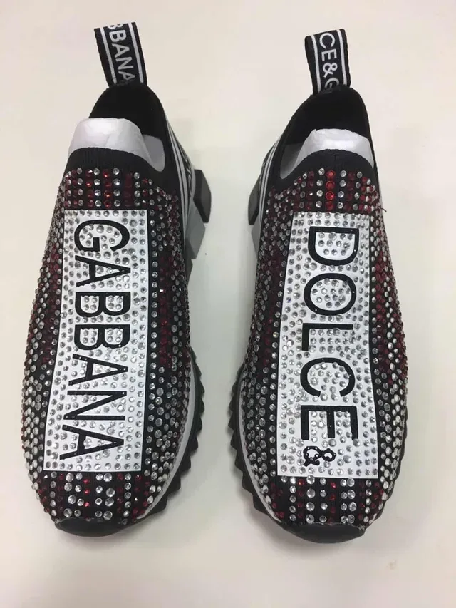 Dolce & Gabbana Chaussures Lifestyle Noir Blanc à enfiler upper en tricot embellies de rhinestones et bande logo 2