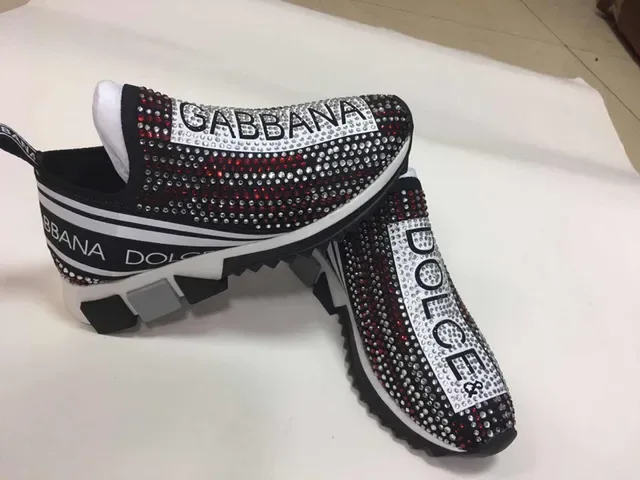 Dolce & Gabbana Chaussures Lifestyle Noir Blanc à enfiler upper en tricot embellies de rhinestones et bande logo 4