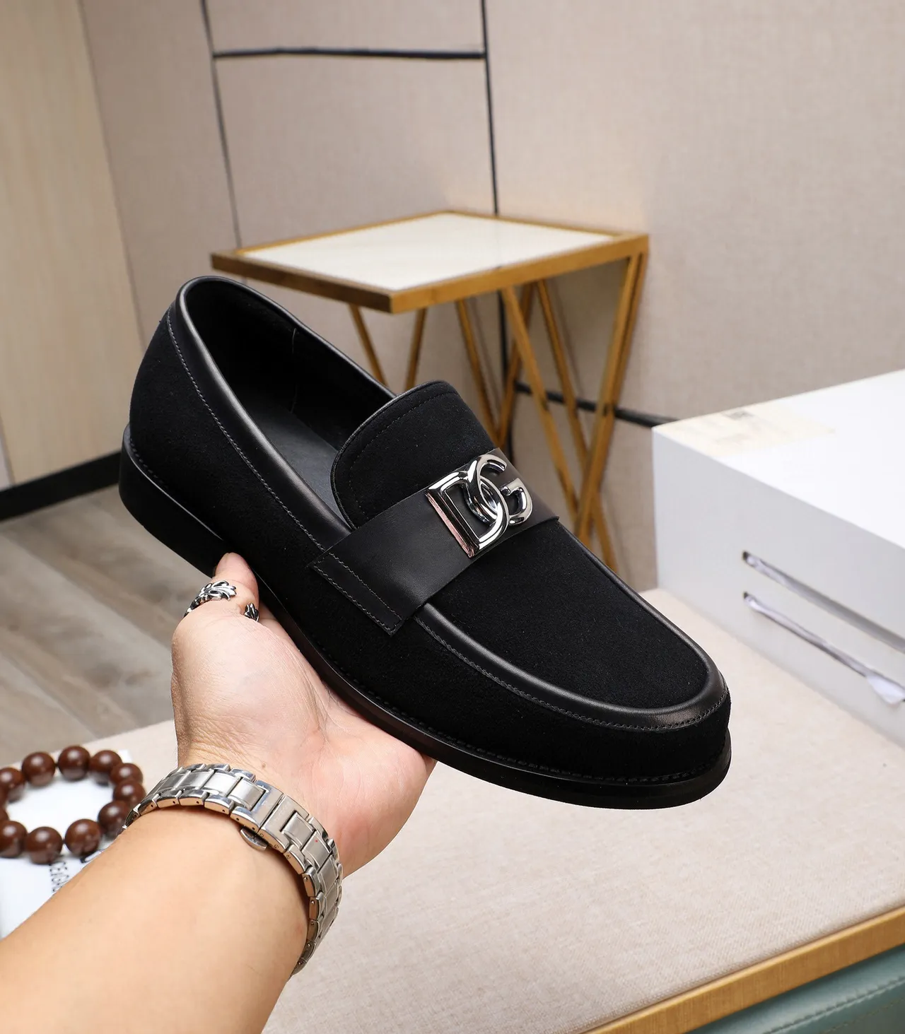 Dolce & Gabbana DG Mocassins Noirs en Daim et Cuir 7