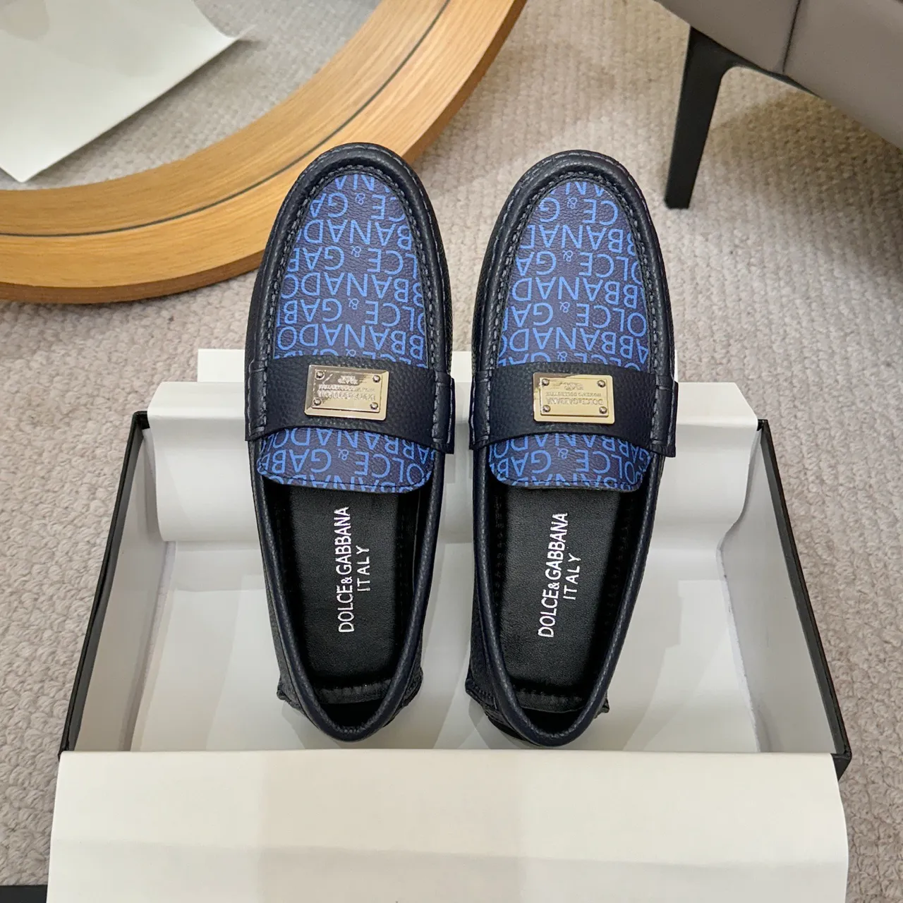Dolce & Gabbana Portofino Mocassin Bleu Marine Monogram-Print Vamp Plaque Métal Accent 3