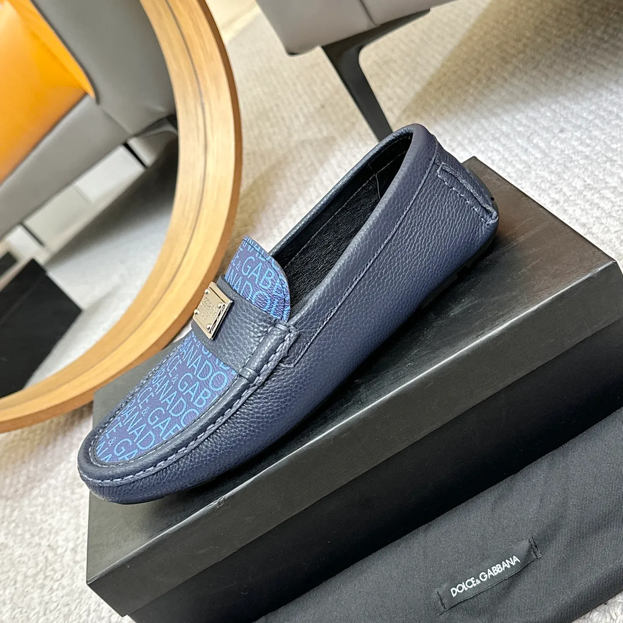 Dolce & Gabbana Portofino Mocassin Bleu Marine Monogram-Print Vamp Plaque Métal Accent 6