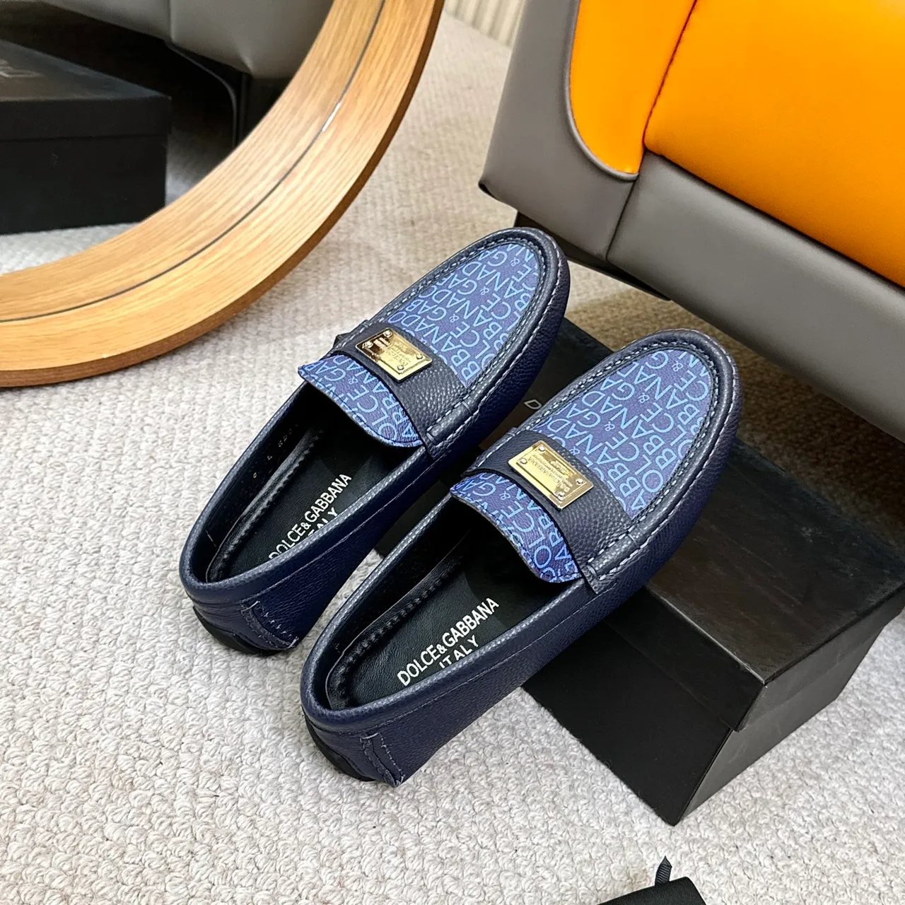 Dolce & Gabbana Portofino Mocassin Bleu Marine Monogram-Print Vamp Plaque Métal Accent 8