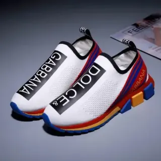 Dolce & Gabbana White Multicolor Knit Slip-On Bold Side Logo Band Lifestyle Sneakers