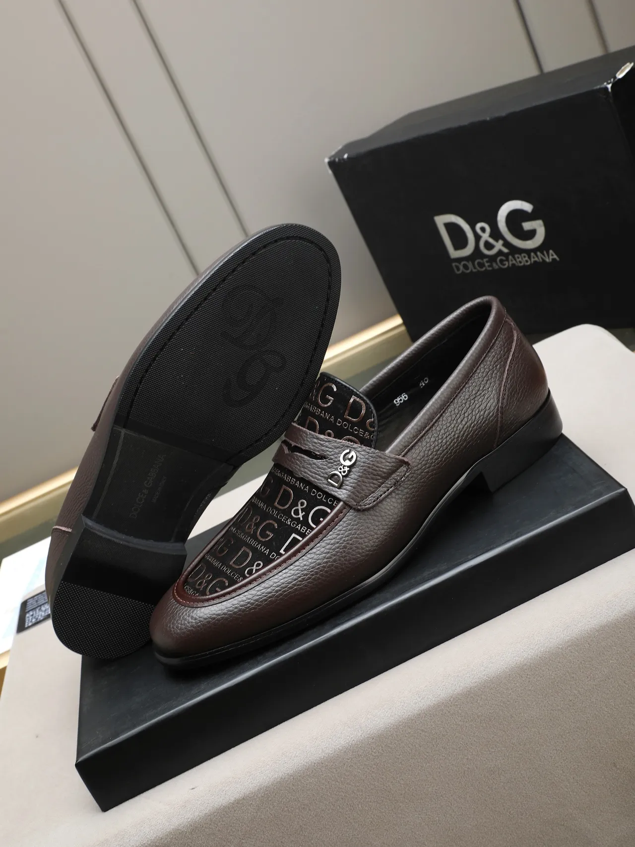 Dolce & Gabbana Brown Pebbled Leather Monogram Loafers 2