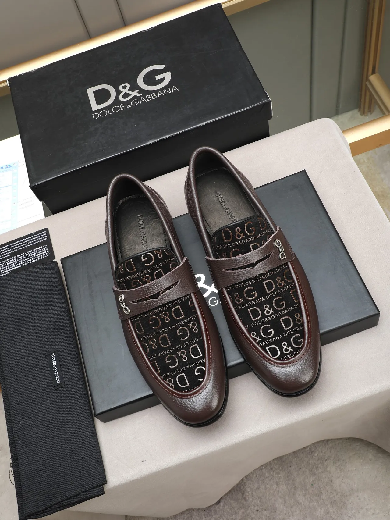 Dolce & Gabbana Brown Pebbled Leather Monogram Loafers 3