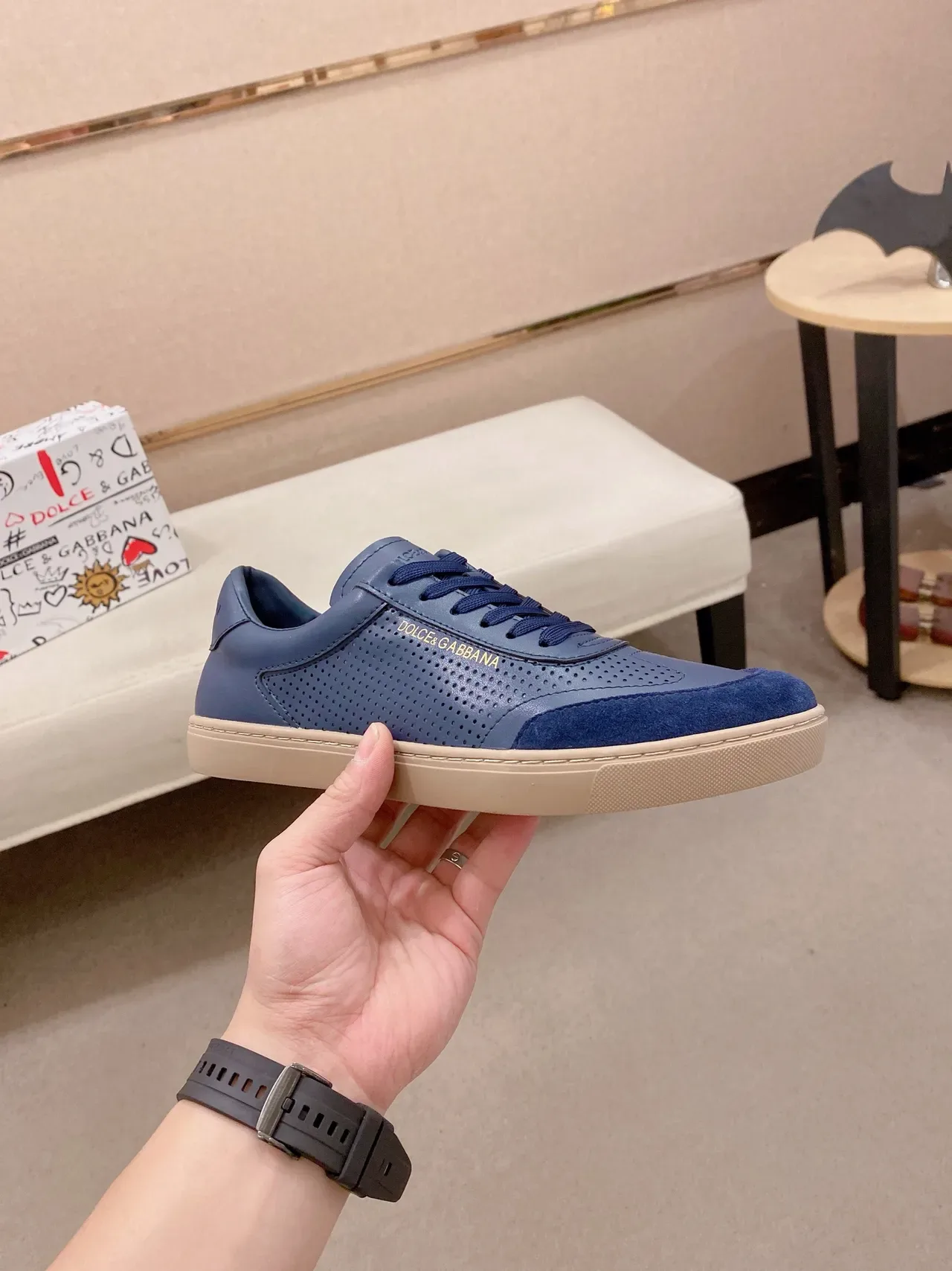Dolce & Gabbana Navy Blue Perforated Leather and Suede Lifestyle Sneaker 5