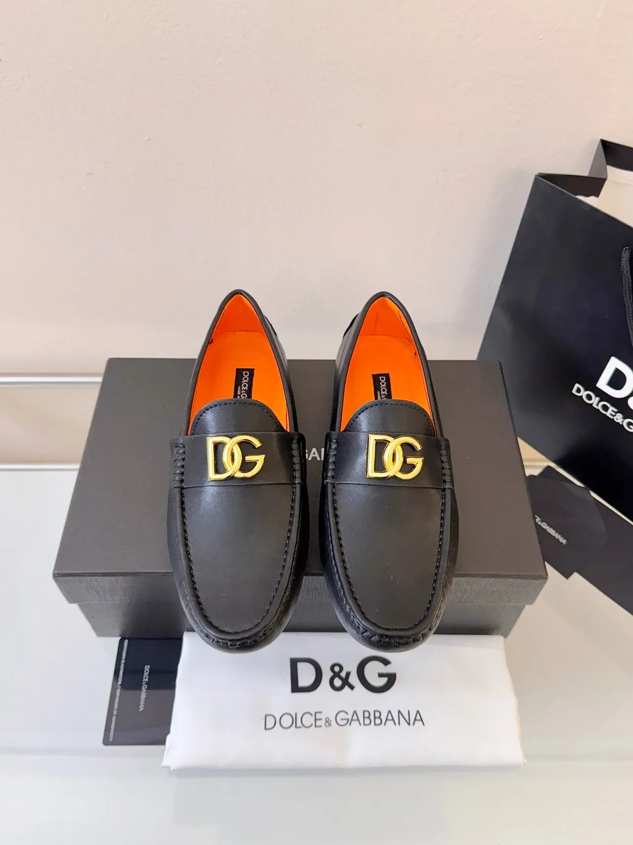 Dolce & Gabbana Portofino Noir Orange Cuir Boucle Dorée DG Mocassin 6