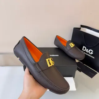 Dolce & Gabbana Portofino Brown Orange Pebbled Leather Gold DG Logo Buckle Loafer