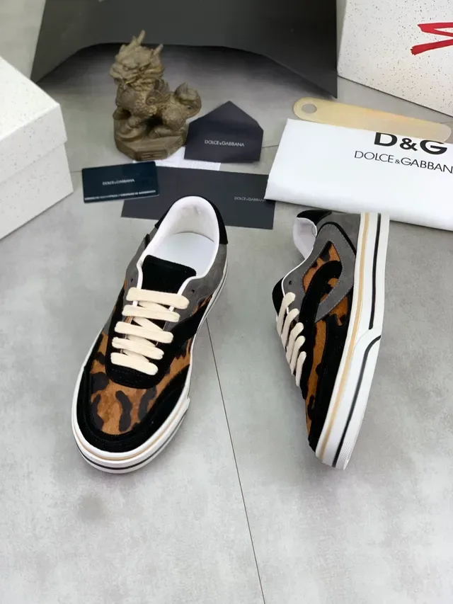Dolce & Gabbana Portofino Multicolor Beige Imprimé Léopard Cuir à poil Panneaux de Daim en couches Sneakers Lifestyle 4