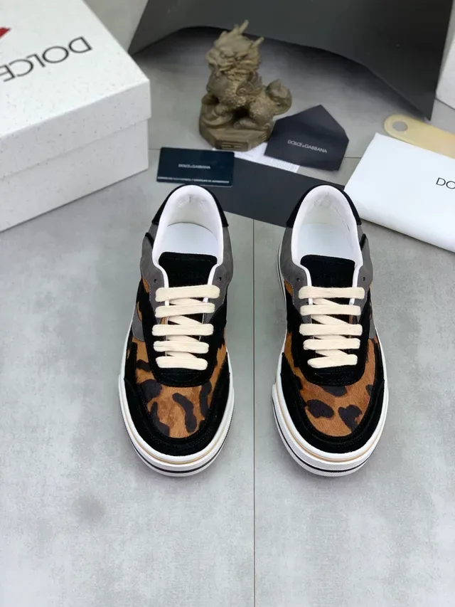 Dolce & Gabbana Portofino Multicolor Beige Imprimé Léopard Cuir à poil Panneaux de Daim en couches Sneakers Lifestyle 5