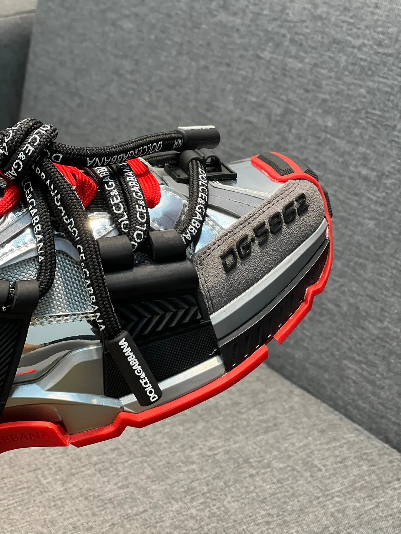 Dolce & Gabbana Silver Red Metallic Upper Black Structural Overlays Chunky Sneakers 3