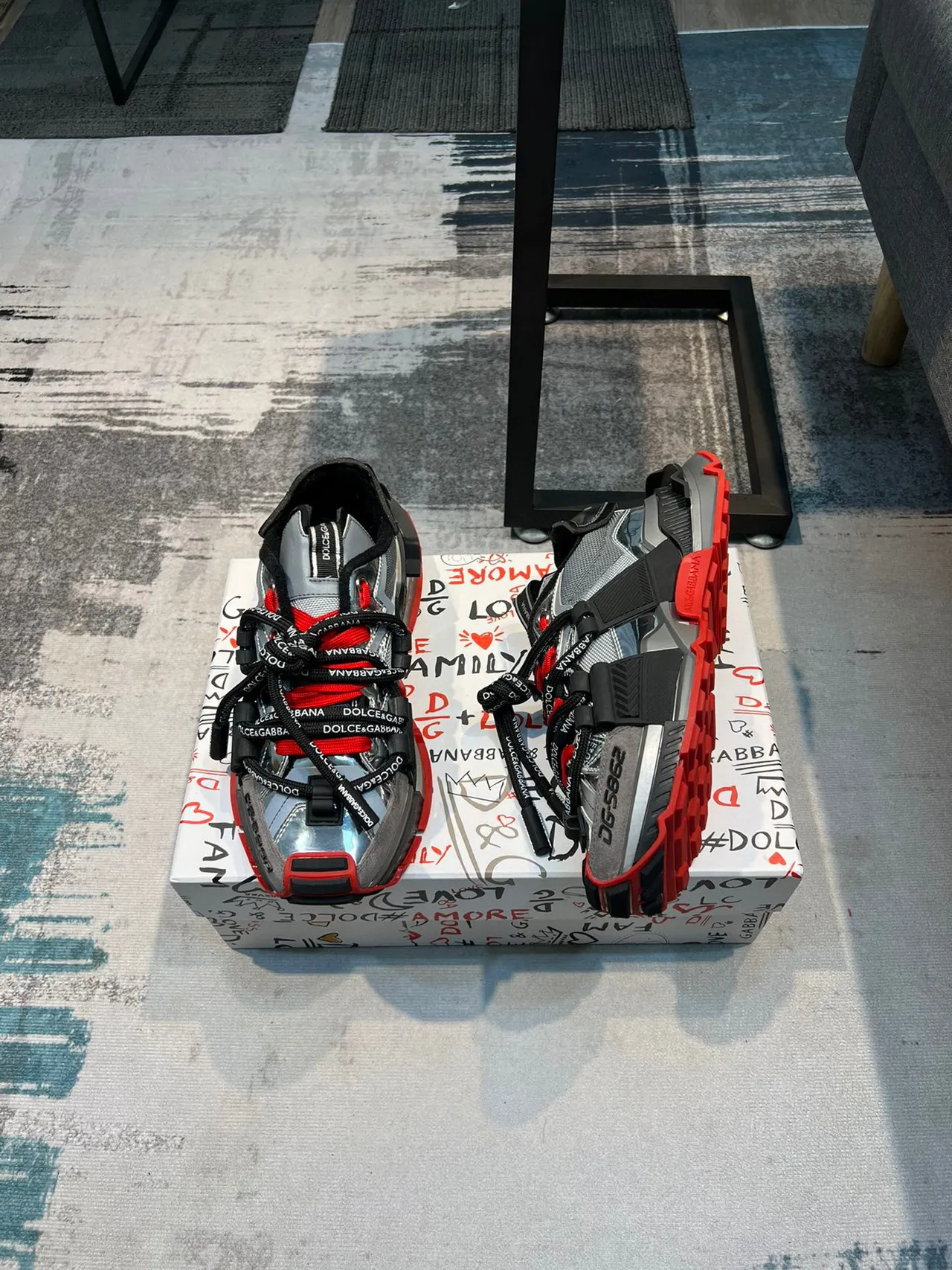 Dolce & Gabbana Silver Red Metallic Upper Black Structural Overlays Chunky Sneakers 4
