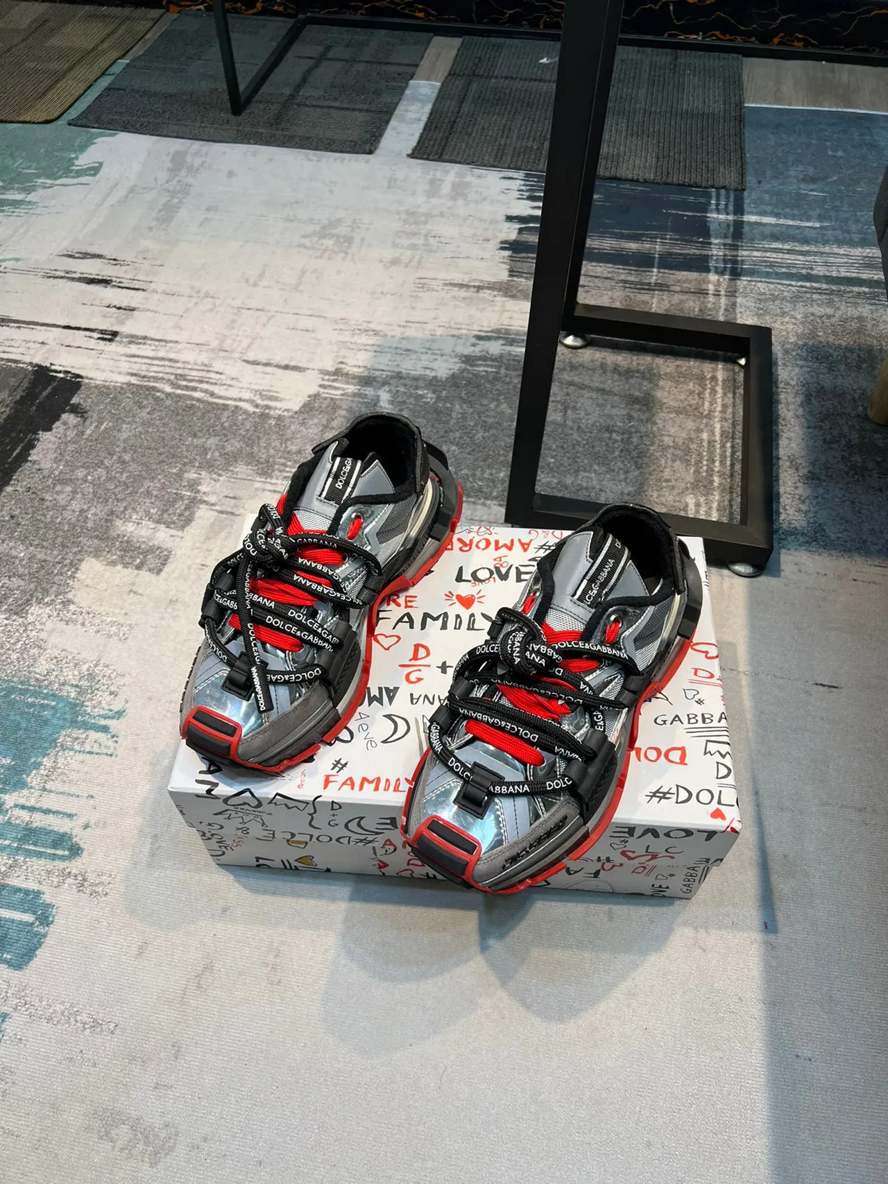 Dolce & Gabbana Silver Red Metallic Upper Black Structural Overlays Chunky Sneakers 5