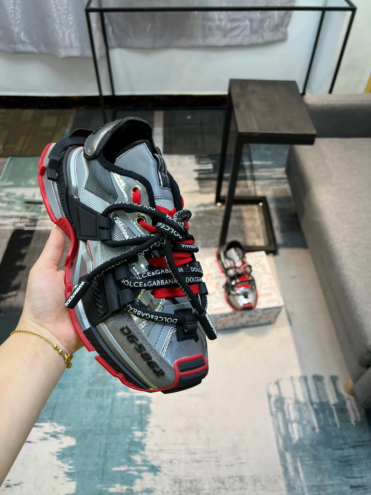 Dolce & Gabbana Silver Red Metallic Upper Black Structural Overlays Chunky Sneakers 6