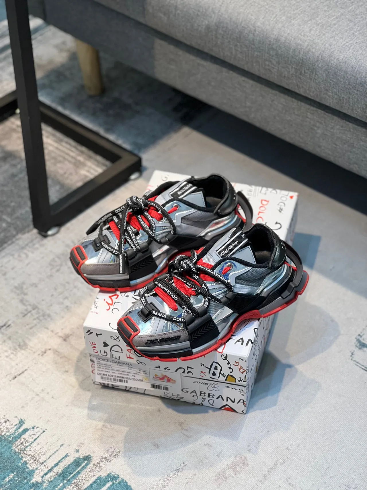 Dolce & Gabbana Silver Red Metallic Upper Black Structural Overlays Chunky Sneakers 8