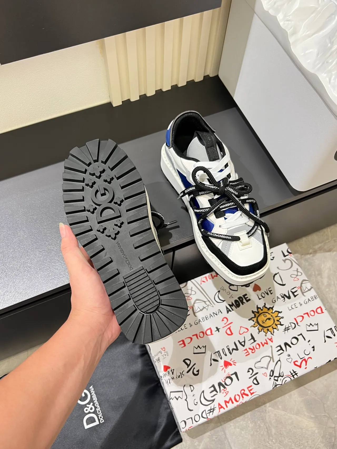 Dolce & Gabbana White Blue Platform Sole Multi-Panel Layered Upper Chunky Sneakers 4