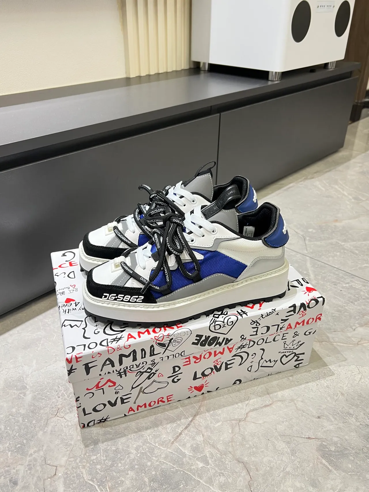 Dolce & Gabbana White Blue Platform Sole Multi-Panel Layered Upper Chunky Sneakers 5