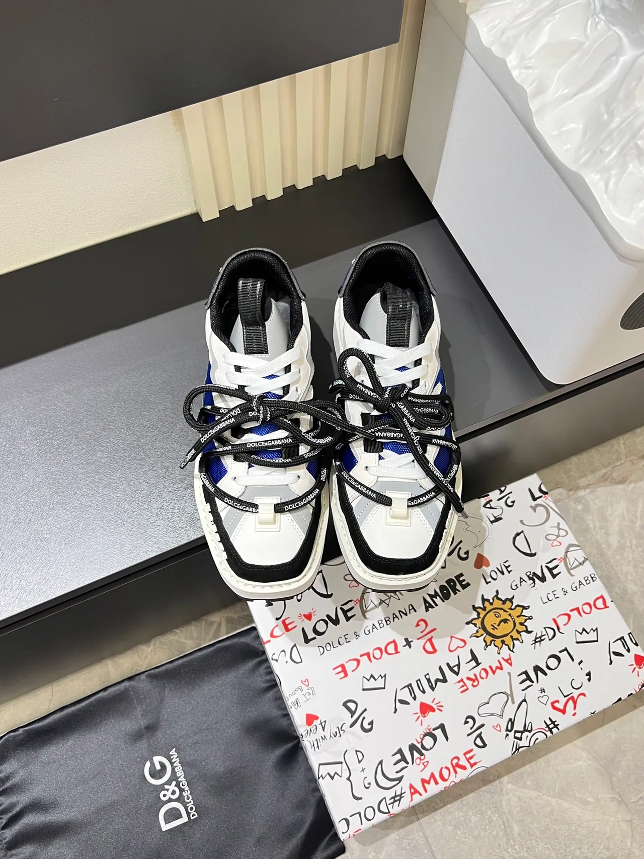 Dolce & Gabbana White Blue Platform Sole Multi-Panel Layered Upper Chunky Sneakers 3