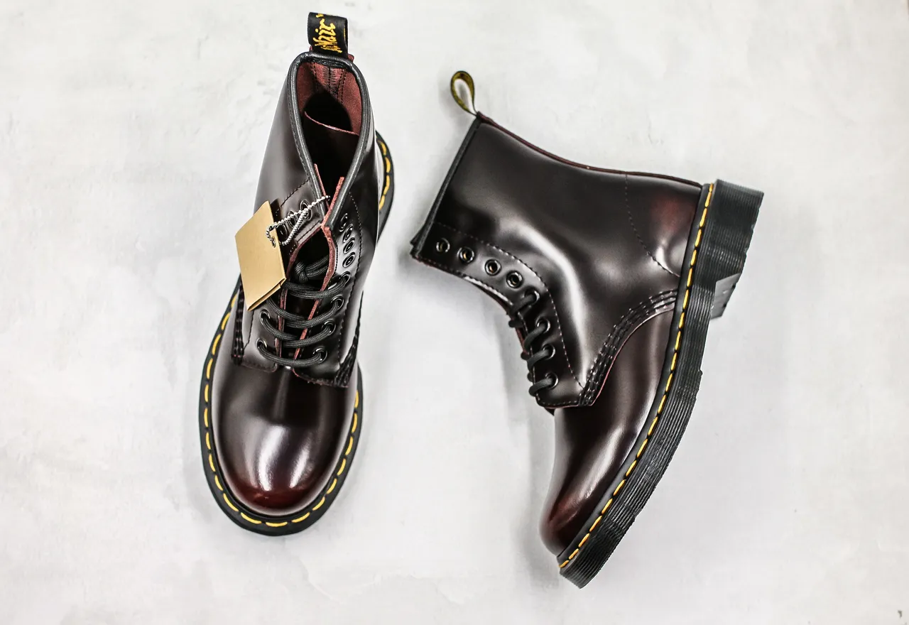 Dr. Martens 1460 Polished Black Leather Yellow Stitch Martin Boots 4