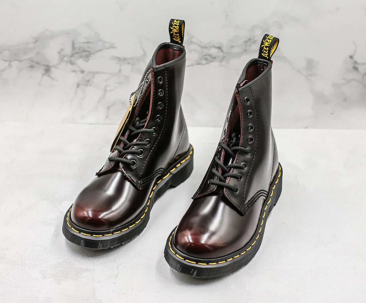 Dr. Martens 1460 Polished Black Leather Yellow Stitch Martin Boots 5