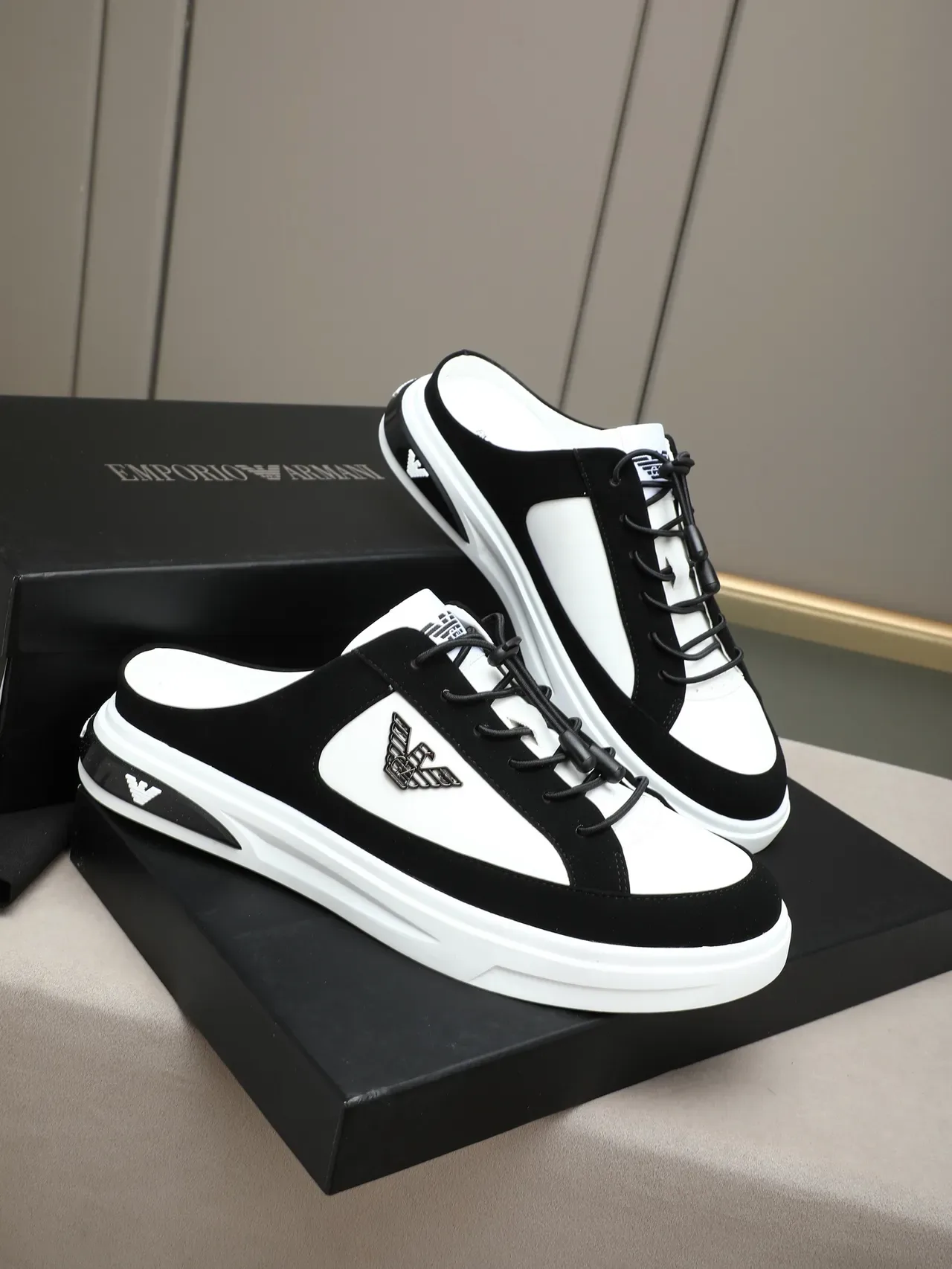 Emporio Armani Black and White Open-Heel Mule Lifestyle Sneakers 4