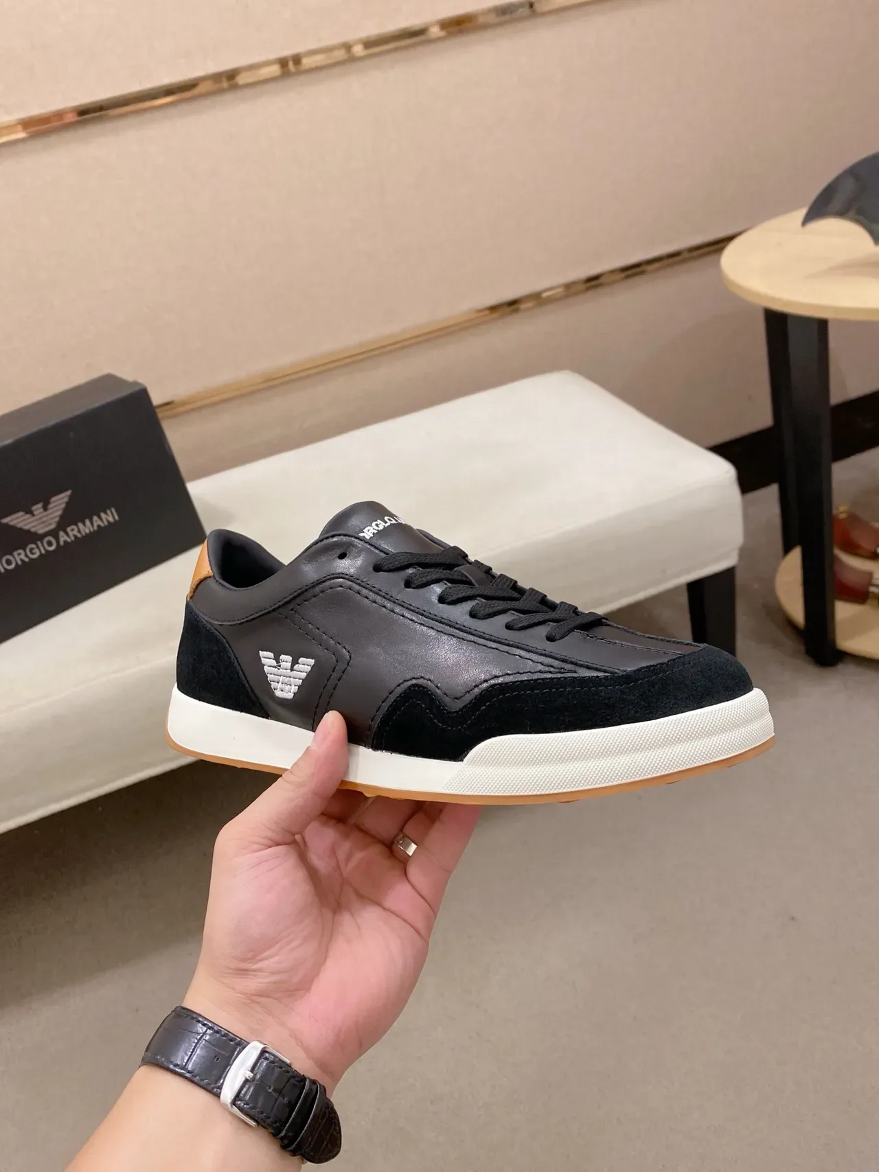 Emporio Armani Black White Panelled Leather And Suede Upper Eagle Logo Detail Lifestyle Sneakers 5