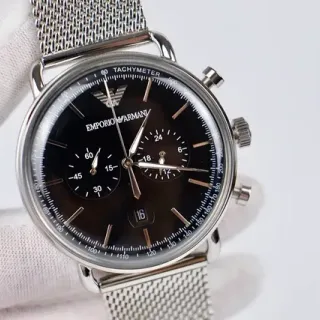 Emporio Armani Chronograph Black Dial Silver Mesh Mechanical Watch