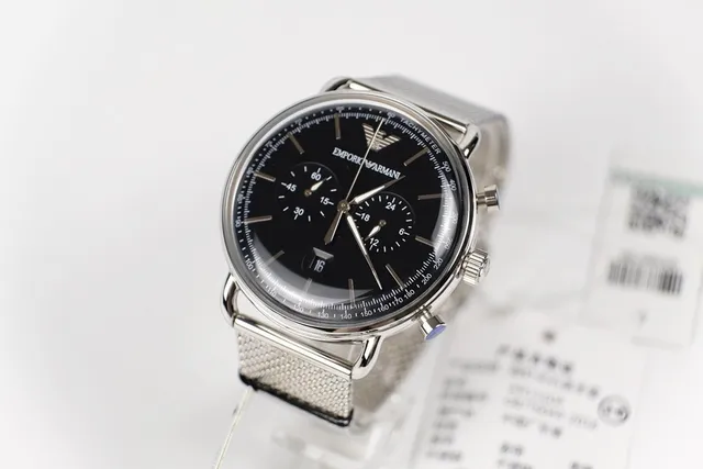 Emporio Armani Chronographe Cadran Noir Maille Argentée Montre Mécanique 7
