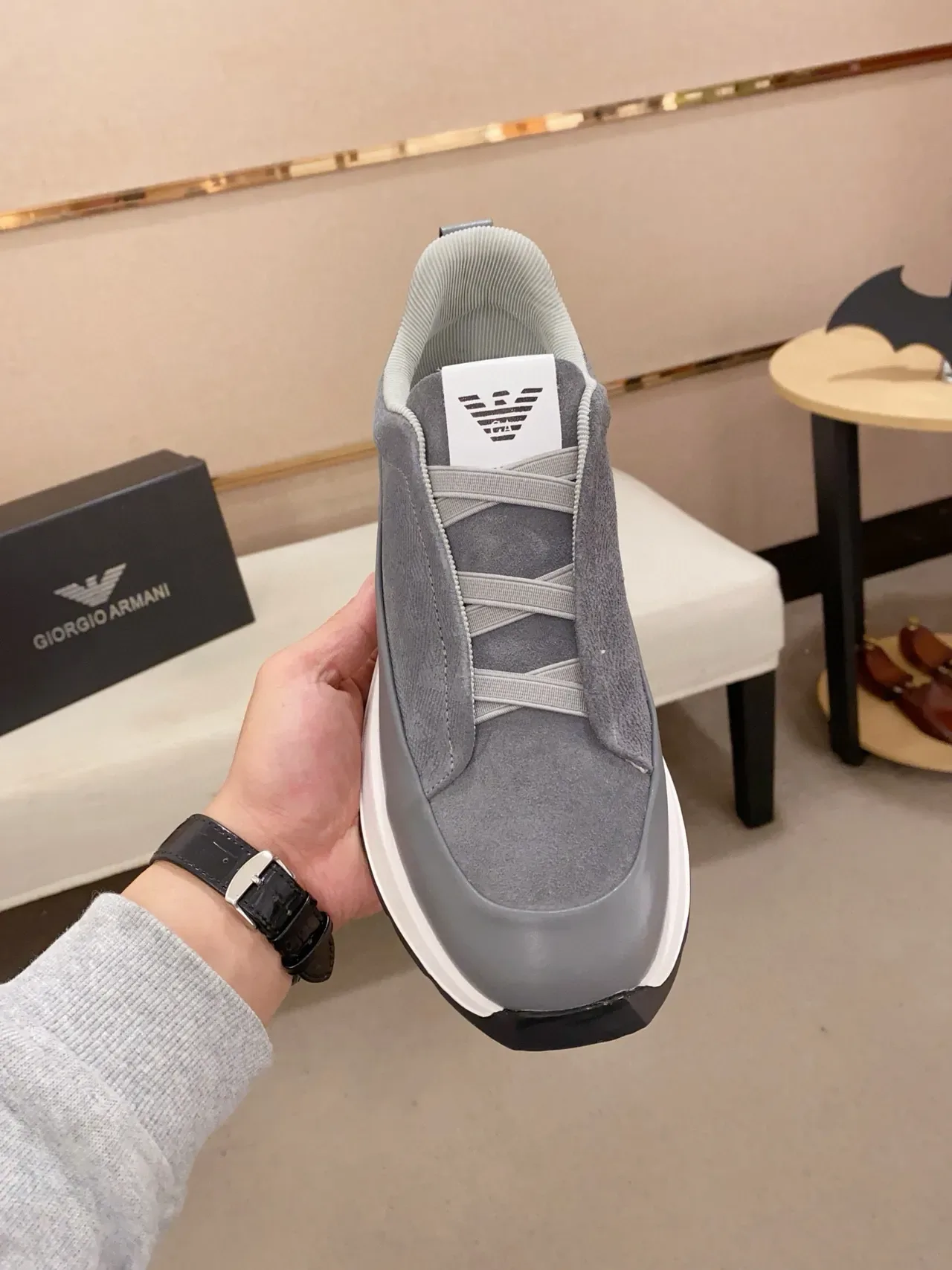 Emporio Armani Gris Blanco Slip-On Suela En Capas Zapatillas Lifestyle 2