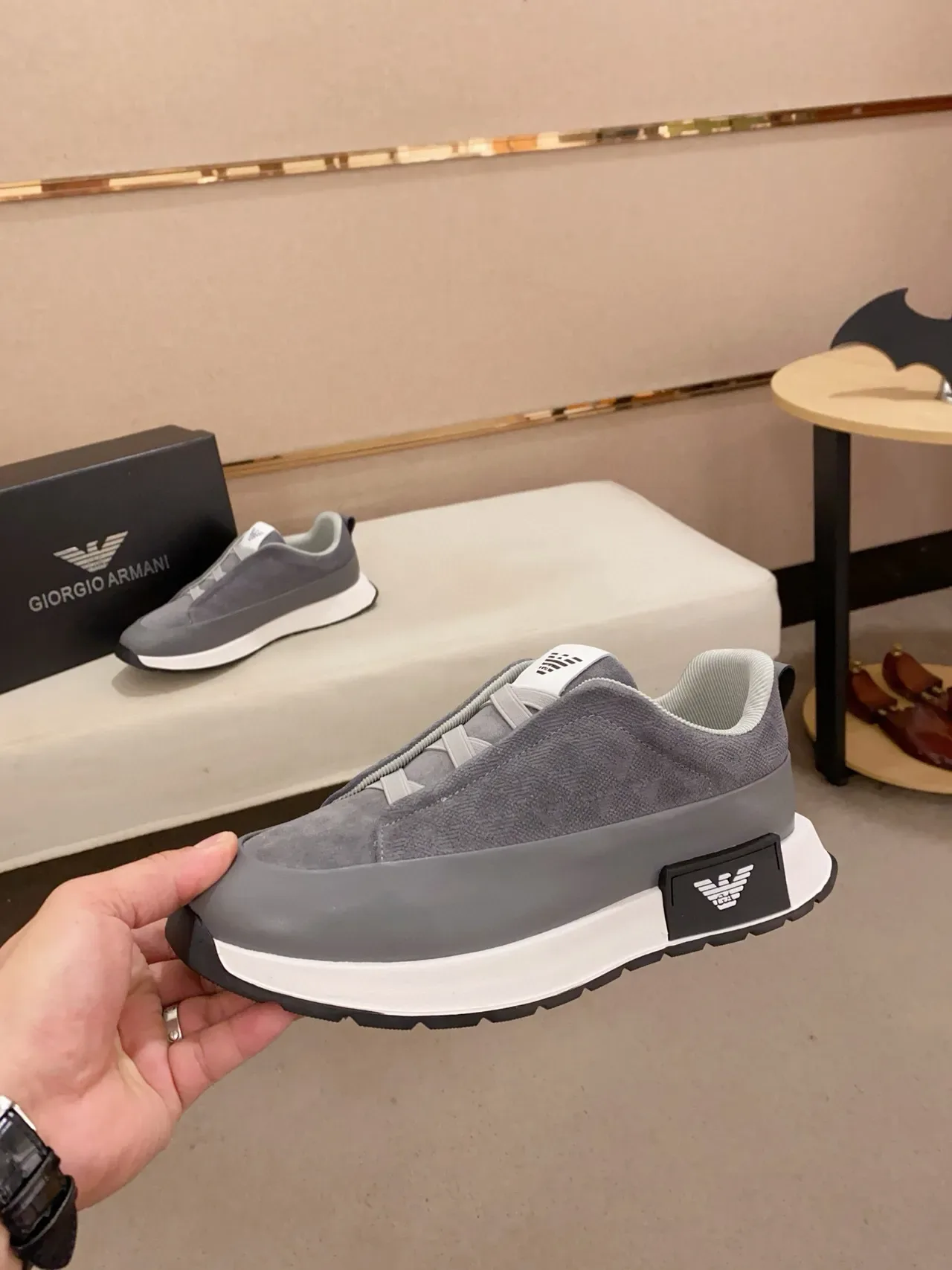Emporio Armani Gris Blanco Slip-On Suela En Capas Zapatillas Lifestyle 3