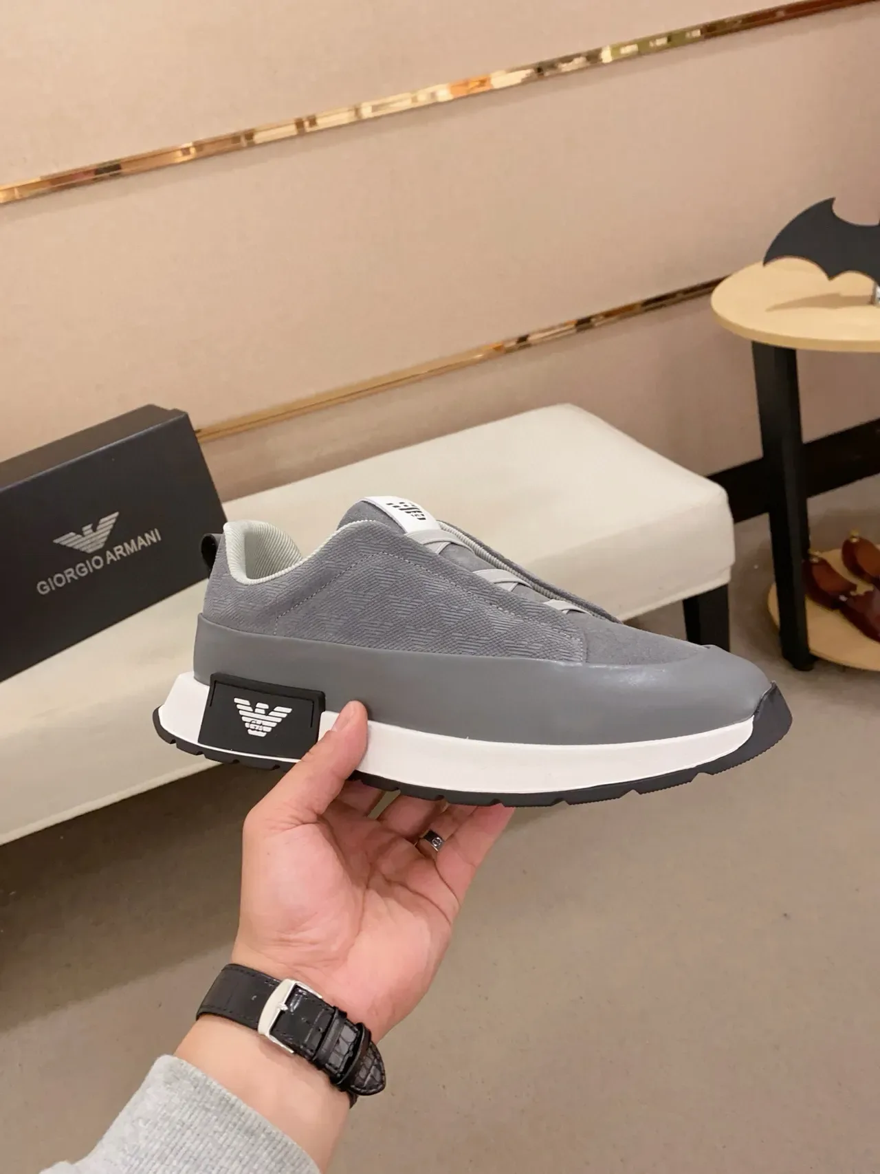 Emporio Armani Gris Blanco Slip-On Suela En Capas Zapatillas Lifestyle 4