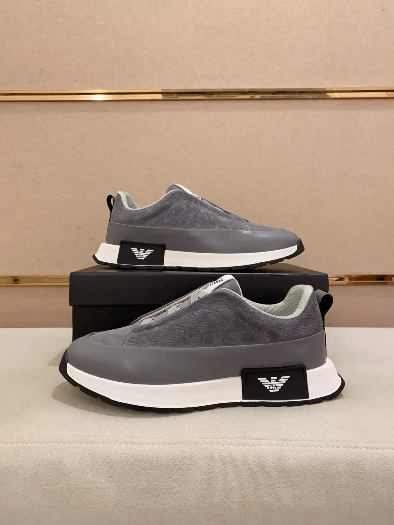 Emporio Armani Gris Blanco Slip-On Suela En Capas Zapatillas Lifestyle 7