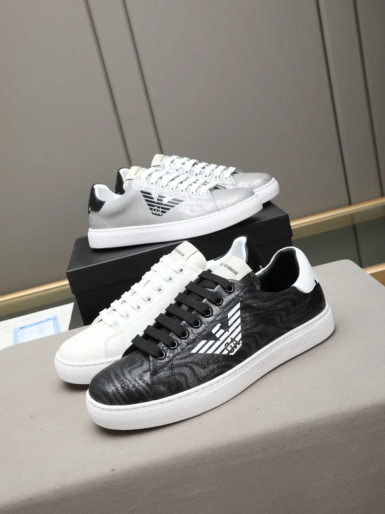 Emporio Armani Lifestyle Sneaker Silver Black Metallic Textured Upper Eagle Logo Lifestyle Sneakers 2