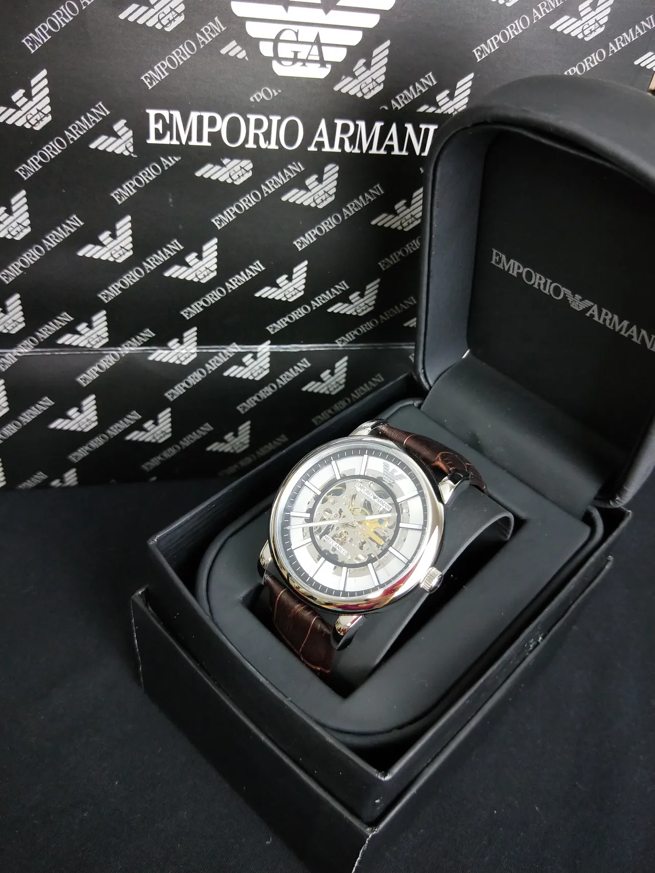 Emporio Armani Meccanico Cadran Squelette Bracelet Cuir Noir Montre Mécanique 3