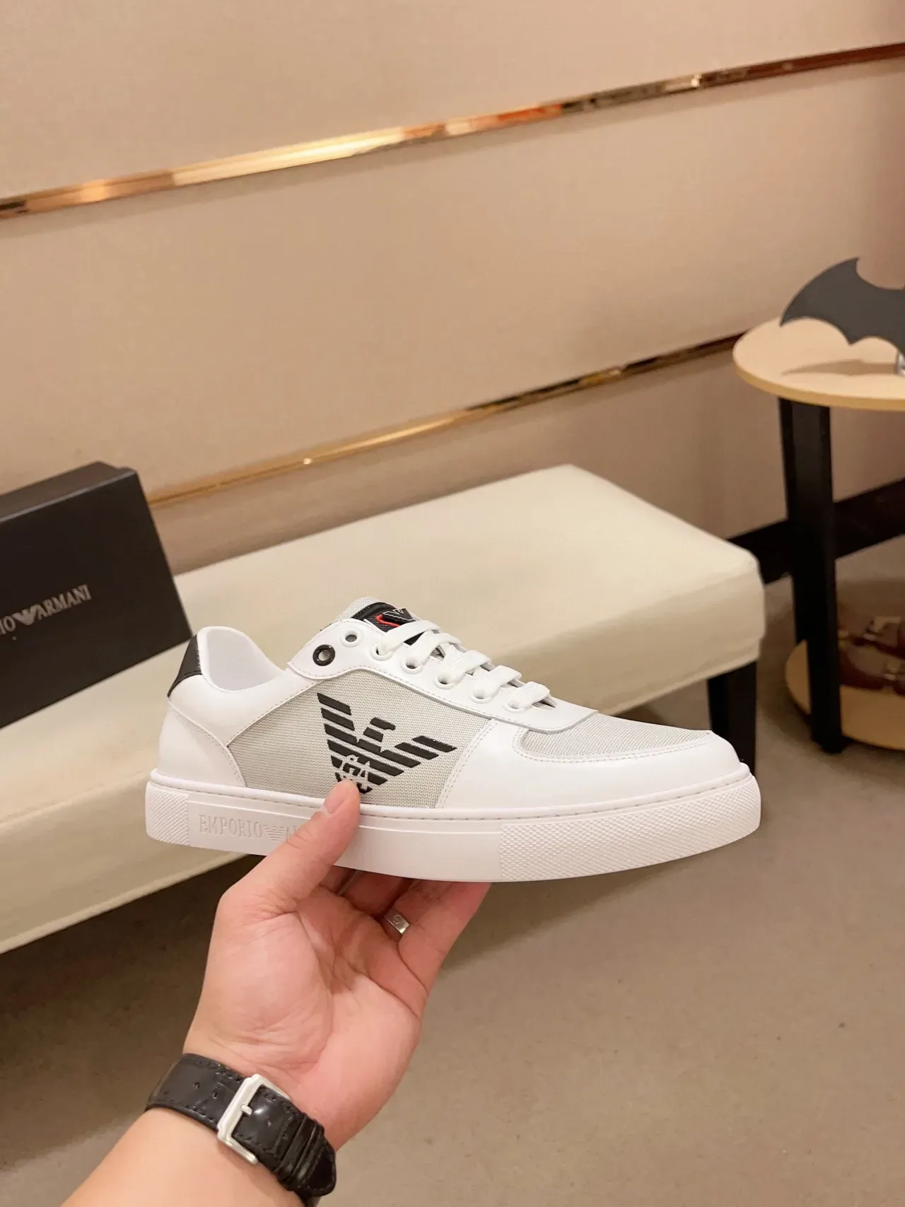 Emporio Armani White Black Low-Top Mixed-Material Upper Lifestyle Sneakers 7