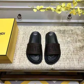 Fendi Black Brown FF Monogram Woven Strap Rubber Sole Slippers