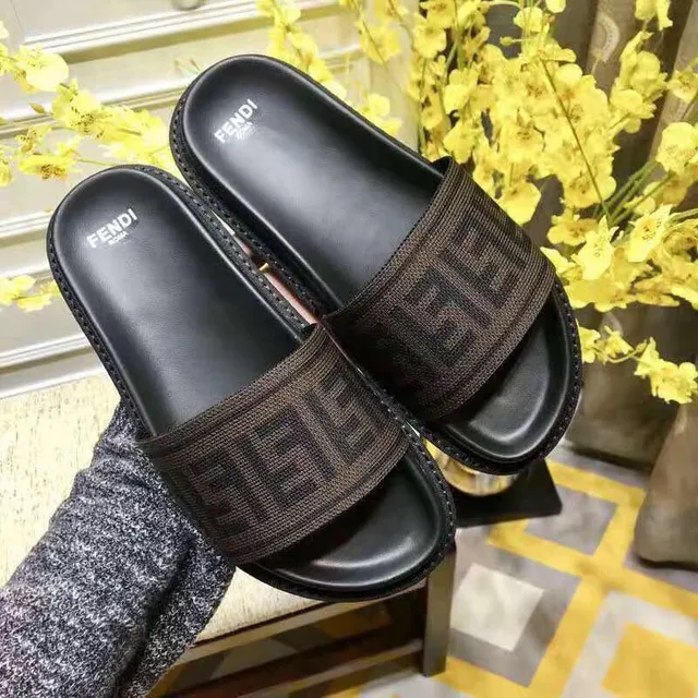Fendi Black Brown FF Monogram Woven Strap Rubber Sole Slippers 4
