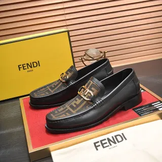 Fendi Black Gold Leather FF Monogram Fabric Panel Loafer