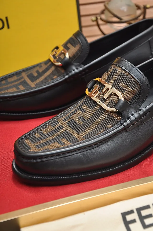 Fendi أسود ذهبي جلد FF Monogram Fabric Panel Loafer 2