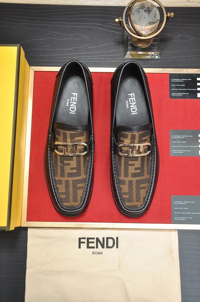 Fendi أسود ذهبي جلد FF Monogram Fabric Panel Loafer 5