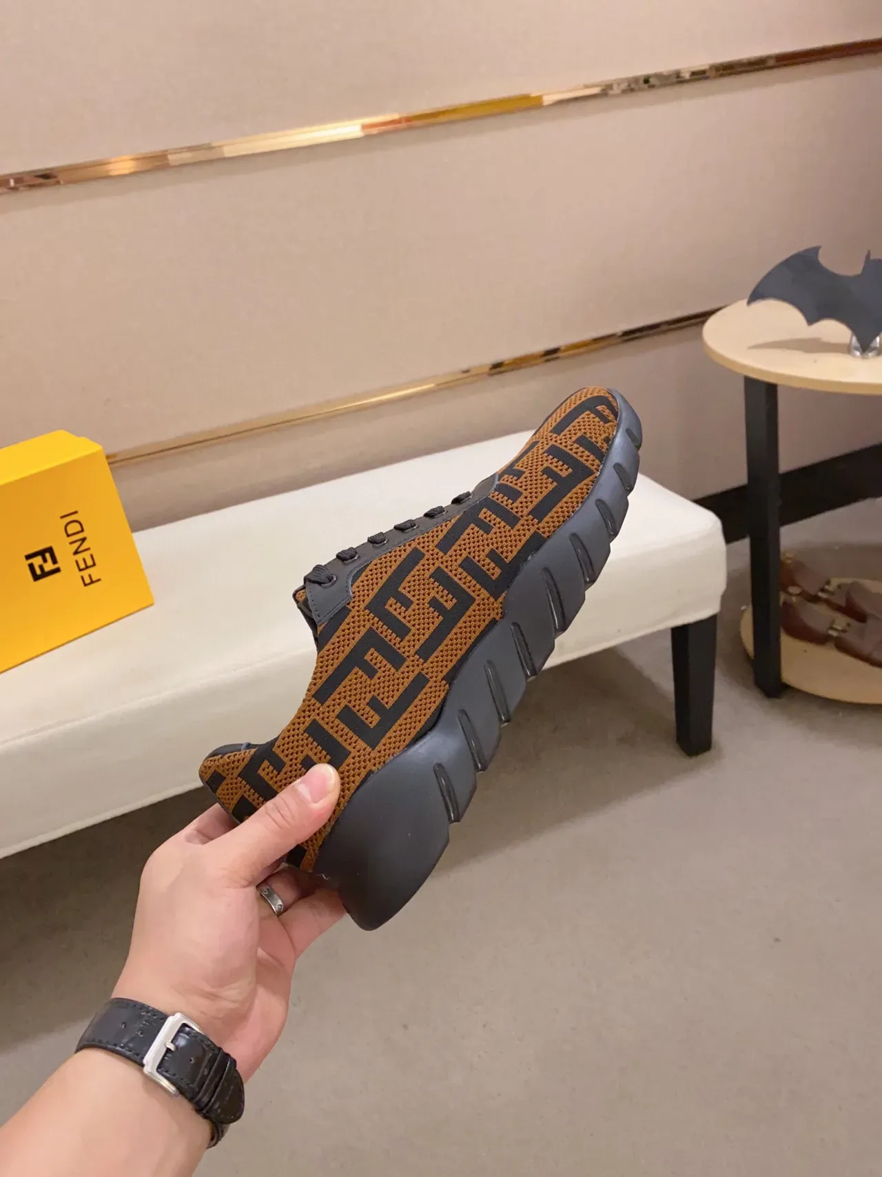 Fendi Marron Noir FF Monogram Tige tricotée Semelle sculptée à nervures en caoutchouc Chaussures lifestyle 6