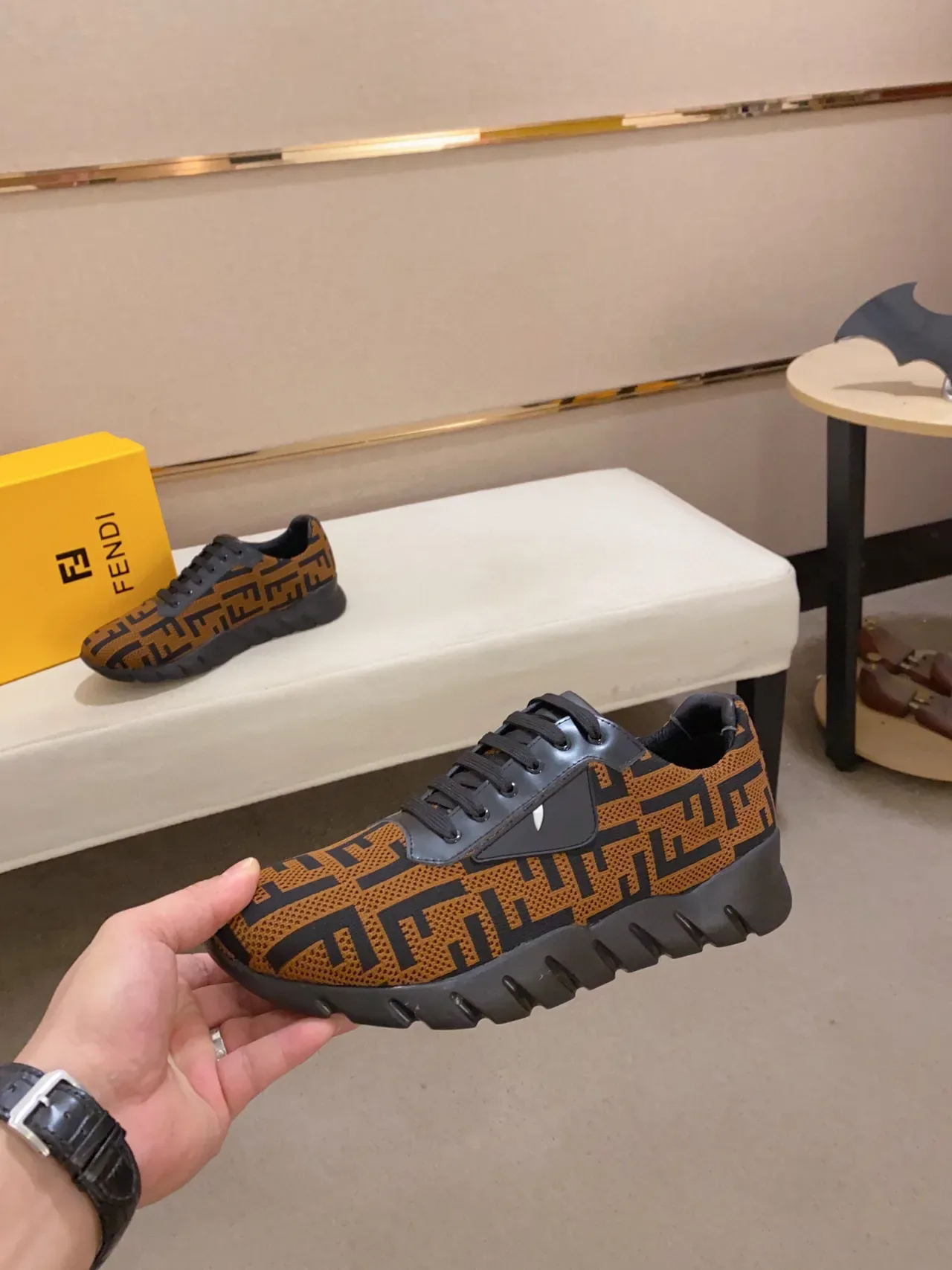 Fendi Marron Noir FF Monogram Tige tricotée Semelle sculptée à nervures en caoutchouc Chaussures lifestyle 7