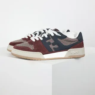 Fendi Burgundy Navy Layered Houndstooth And Suede Upper Interlocking FF Logo Panel Lifestyle Sneakers