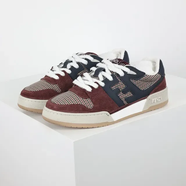 Fendi Burgundy Navy Layered Houndstooth And Suede Upper Interlocking FF Logo Panel Lifestyle Sneakers 2
