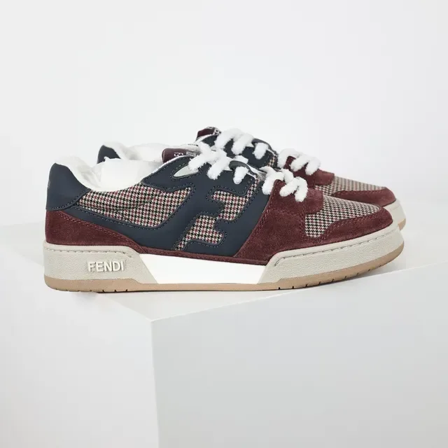 Fendi Burgundy Navy Layered Houndstooth And Suede Upper Interlocking FF Logo Panel Lifestyle Sneakers 3
