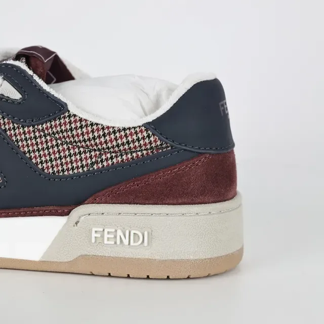 Fendi Burgundy Navy Layered Houndstooth And Suede Upper Interlocking FF Logo Panel Lifestyle Sneakers 4