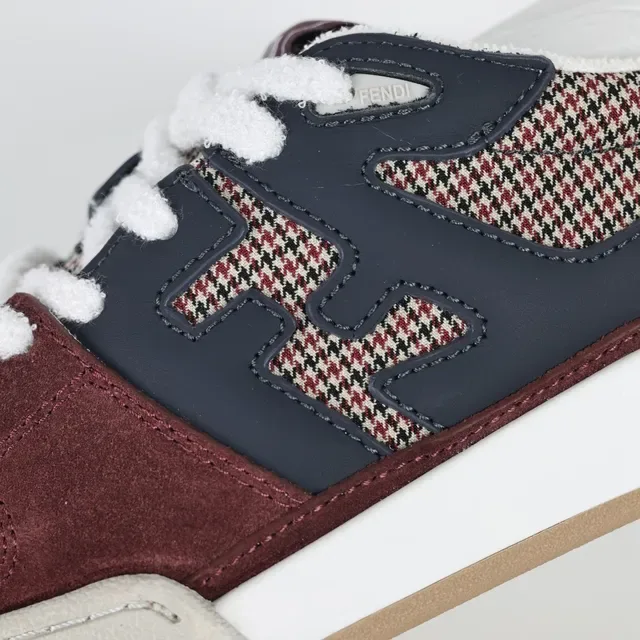 Fendi Burgundy Navy Layered Houndstooth And Suede Upper Interlocking FF Logo Panel Lifestyle Sneakers 6