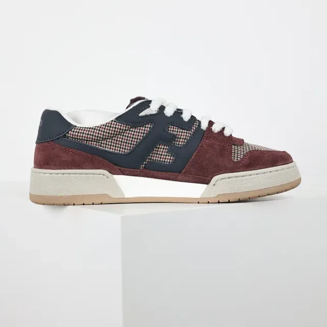 Fendi Burgundy Navy Layered Houndstooth And Suede Upper Interlocking FF Logo Panel Lifestyle Sneakers 7