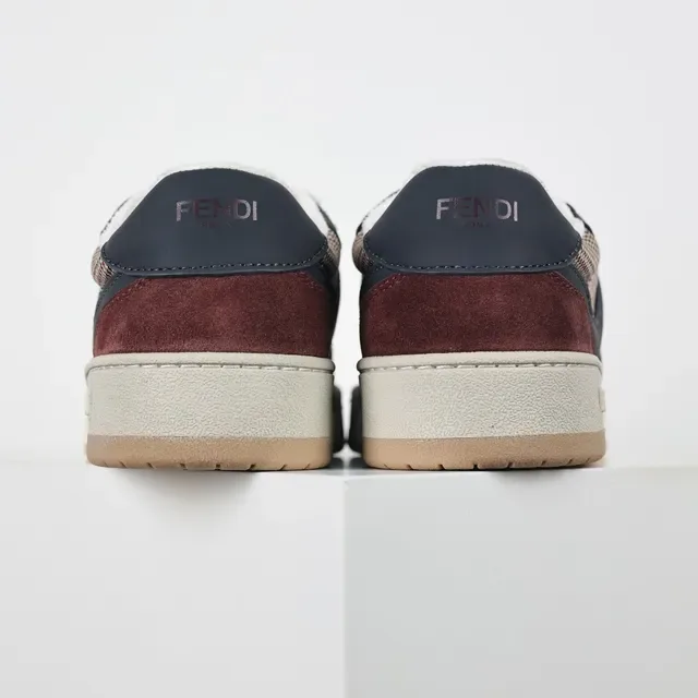Fendi Burgundy Navy Layered Houndstooth And Suede Upper Interlocking FF Logo Panel Lifestyle Sneakers 8