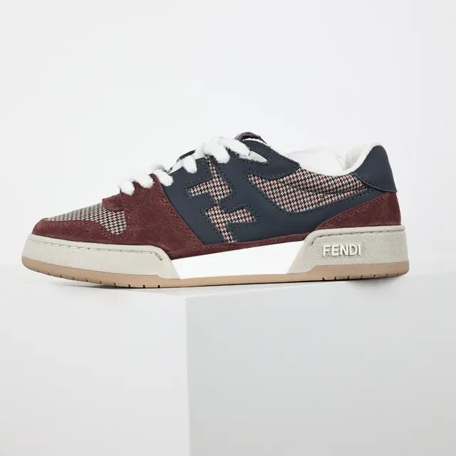 Fendi Burgundy Navy Layered Houndstooth And Suede Upper Interlocking FF Logo Panel Lifestyle Sneakers 9